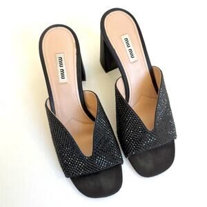 Miu Miu black Satin Leather Crystal embellished high heel slip on mules EU 40